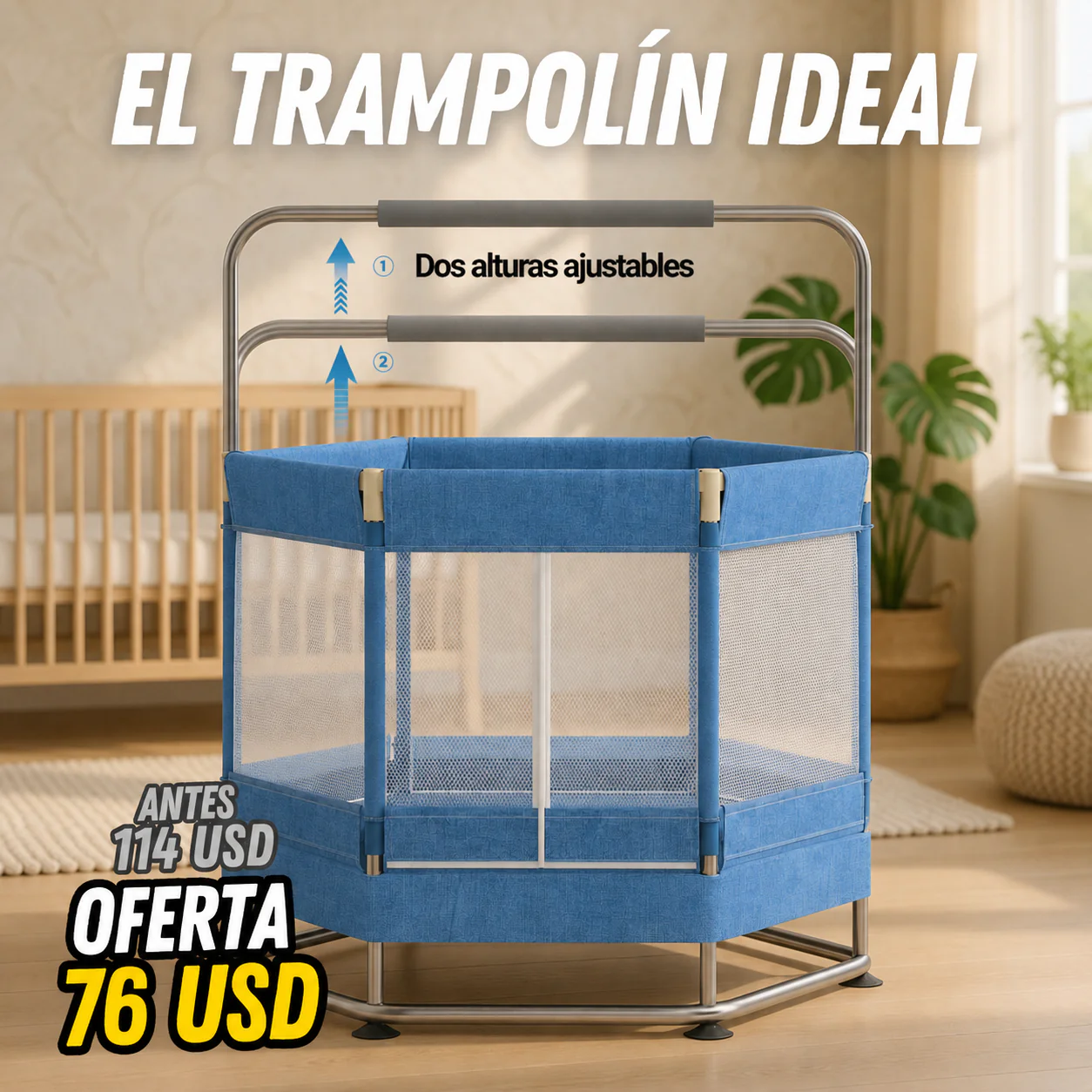 Cama Elástica Hexagonal Infantil con Barra de Seguridad – 55 Pulgadas